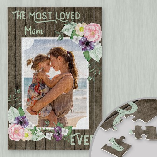 The Most Loved Mom Ever _ Floral and Custom Photo Jigsaw Puzzle