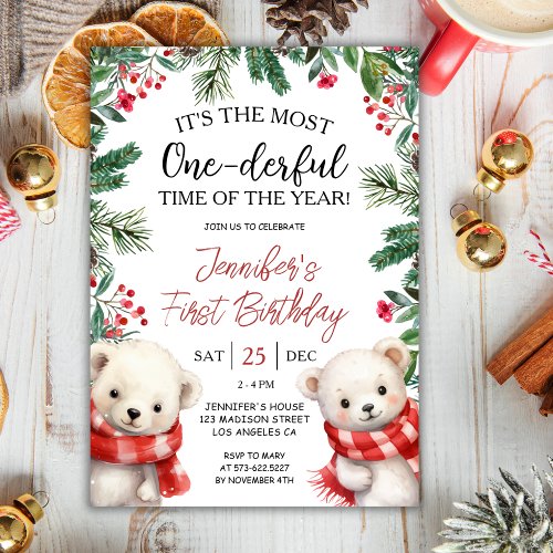 The Most ONEderful  Bears Christmas 1st Birthday Invitation