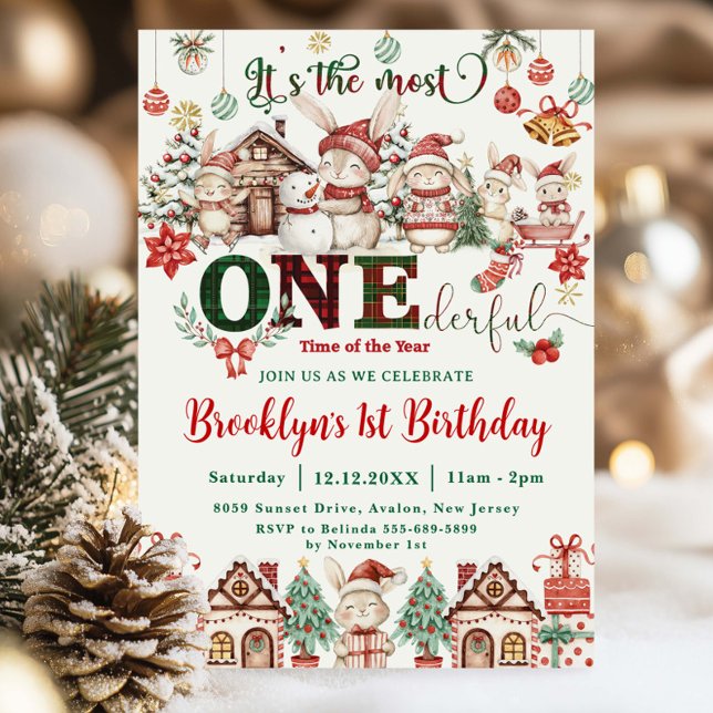 The Most ONEderful Christmas 1st Birthday Bunnies Invitation (Creator Uploaded)