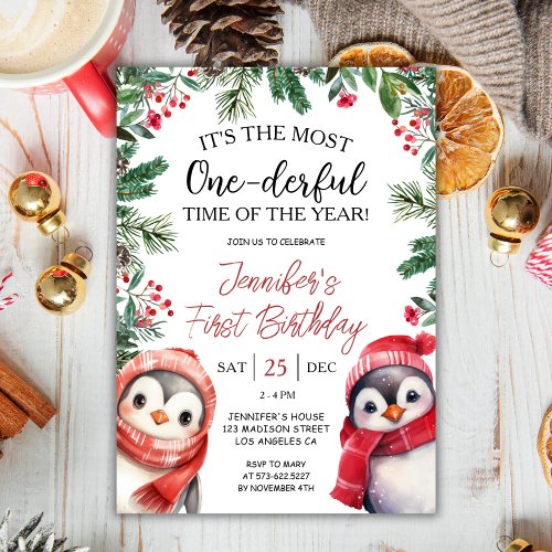 The Most ONEderful  Cute Christmas 1st Birthday Invitation