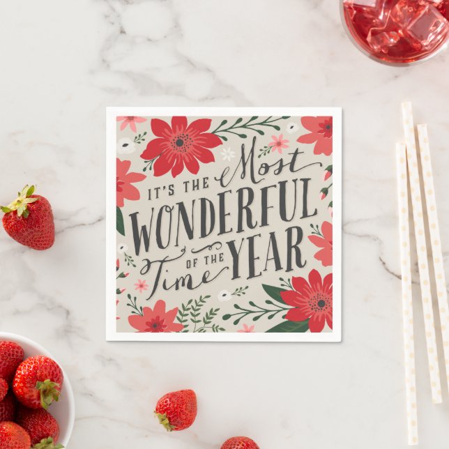 The Most Wonderful Time of Year Holiday Floral Napkins (Insitu)