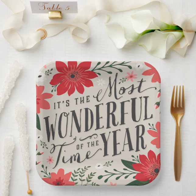 The Most Wonderful Time of Year Holiday Floral Paper Plates (Wedding)