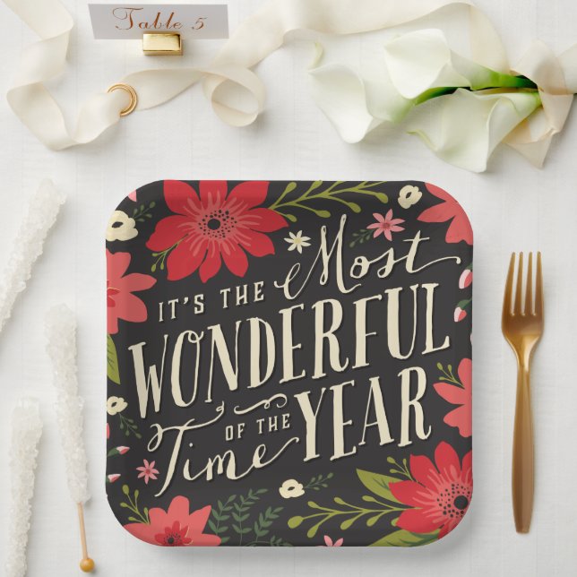 The Most Wonderful Time of Year Holiday Floral Paper Plates (Wedding)