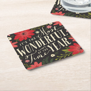 The Most Wonderful Time of Year Holiday Floral Square Paper Coaster