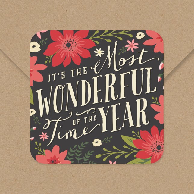 The Most Wonderful Time of Year Holiday Floral Square Sticker (Creator Uploaded)