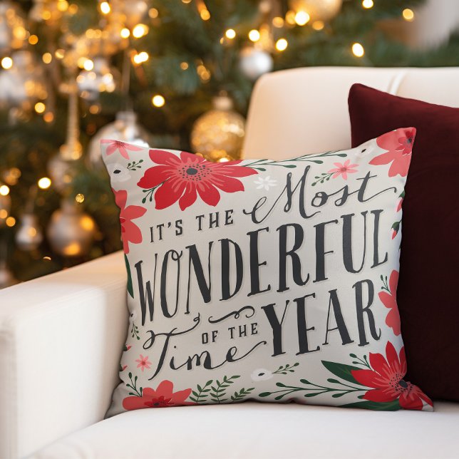 The Most Wonderful Time of Year Holiday Floral Throw Pillow (Creator Uploaded)