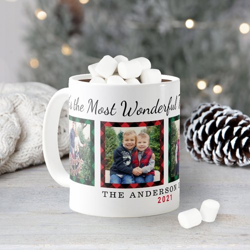 The Most Wonderful Time Plaid Christmas Photo Coffee Mug