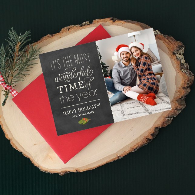 The Most Wonderful Time Rustic Chalkboard Photo Holiday Card
