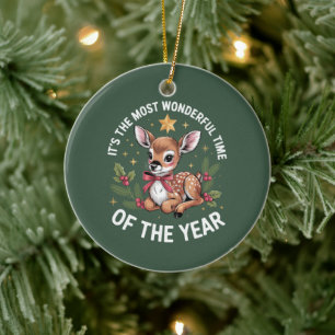 The Most Wonderful Time Vintage Deer Christmas Ceramic Ornament