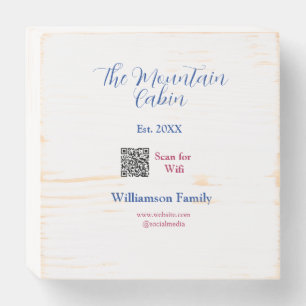 The mountain cabin add family name Q R scan wifi Wooden Box Sign