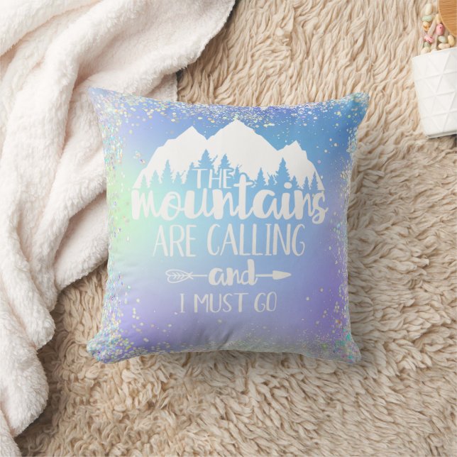 The Mountains Are Calling Blue Purple Glitter Throw Pillow (Blanket)
