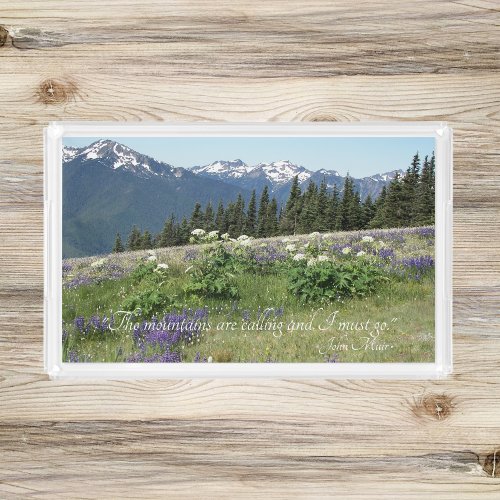 The Mountains are Calling Quote Meadow Wildflowers Acrylic Tray