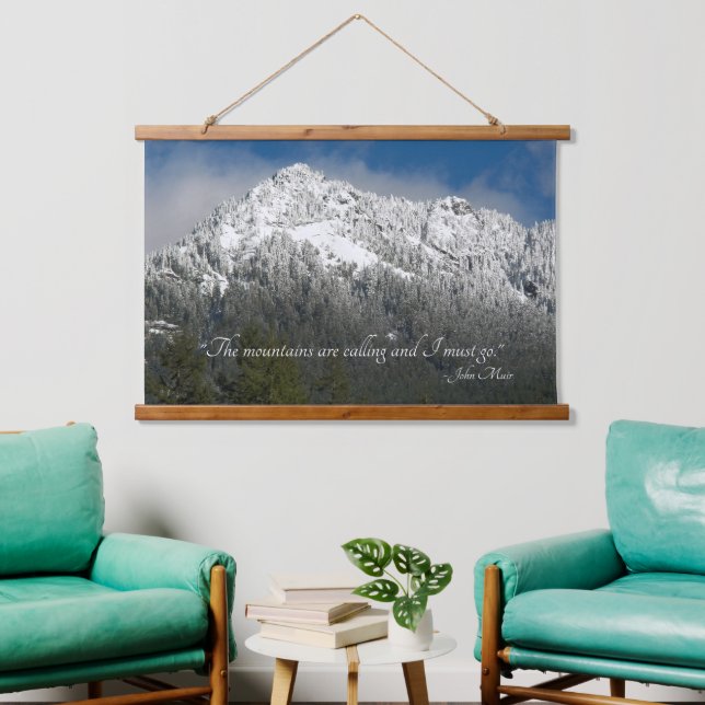 The Mountains are Calling Quote Snowy Mountain Hanging Tapestry (Living Room)