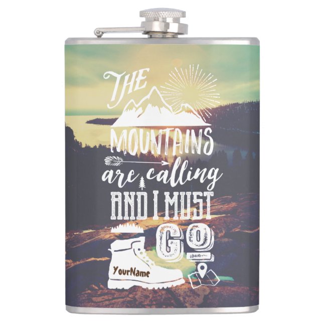 The Mountains are Calling Typography Your Photo Flask (Front)