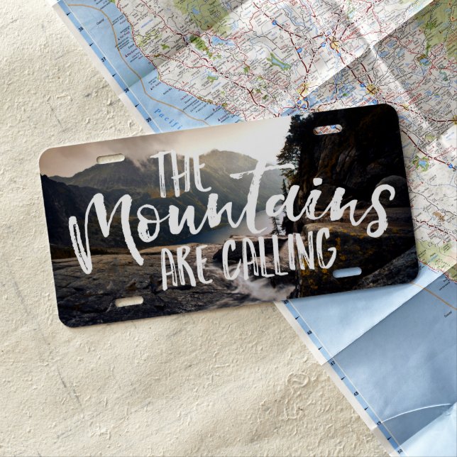The Mountains are Calling | Wanderlust Nature License Plate (In Situ)