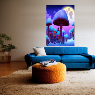The mushroom forest, night, moon, snow AI Art Poster
