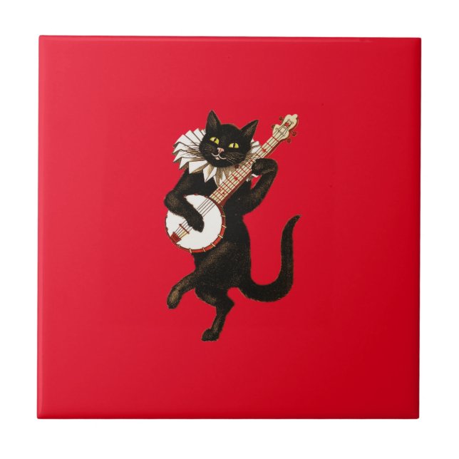 The Musical Cat on Red Ceramic Tile (Front)