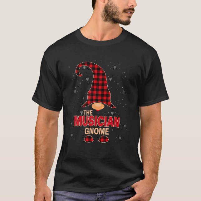 The Musician Gnome Christmas Red Buffalo Plaid Paj T-Shirt (Front)