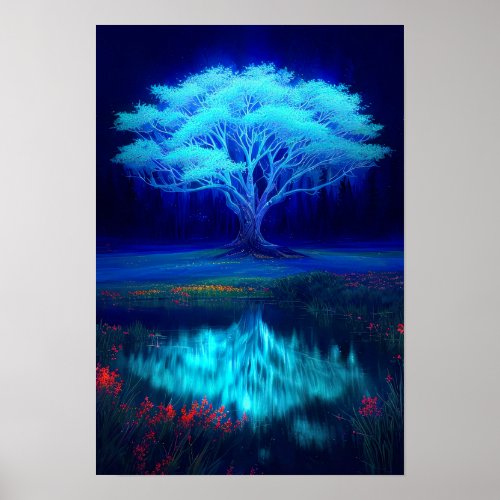 The Mysterious Blue Tree by the Lake Poster