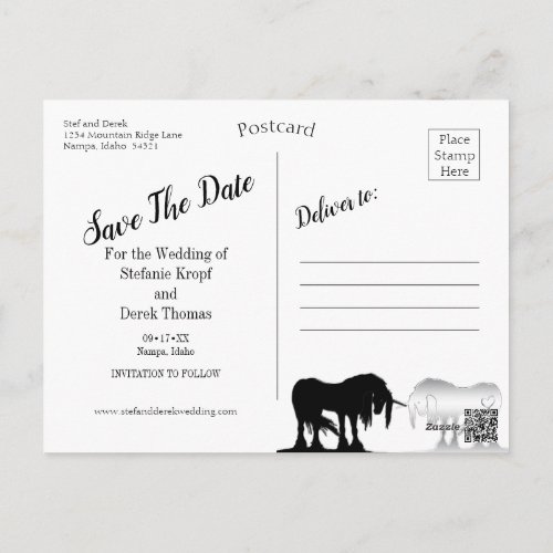 The Mystical Unicorn Save the Date black swirl Postcard