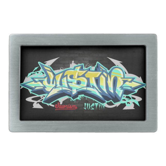 The name Justin in graffiti-Hip-Hop Belt Buckles (Front)