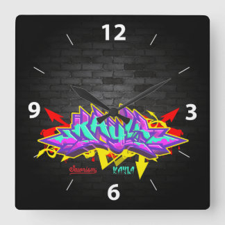 The name Kayla in graffiti Square Wall Clock