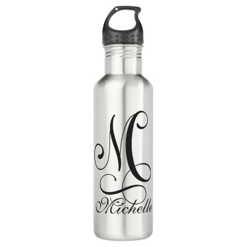 The Name Michelle with Initial in Black Script Stainless Steel Water Bottle