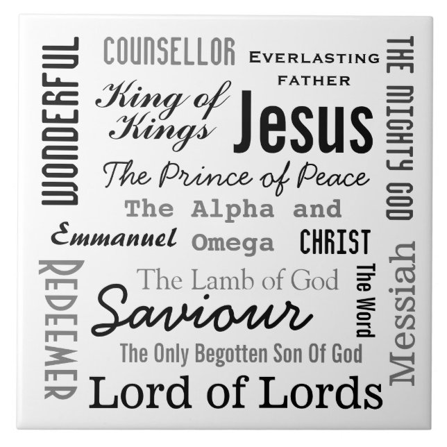 The Names of Jesus Script Text Ceramic Tile (Front)