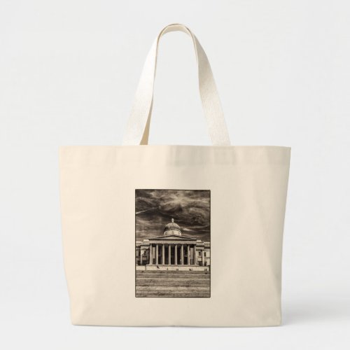 The National Gallery London with steps _ BW Large Tote Bag