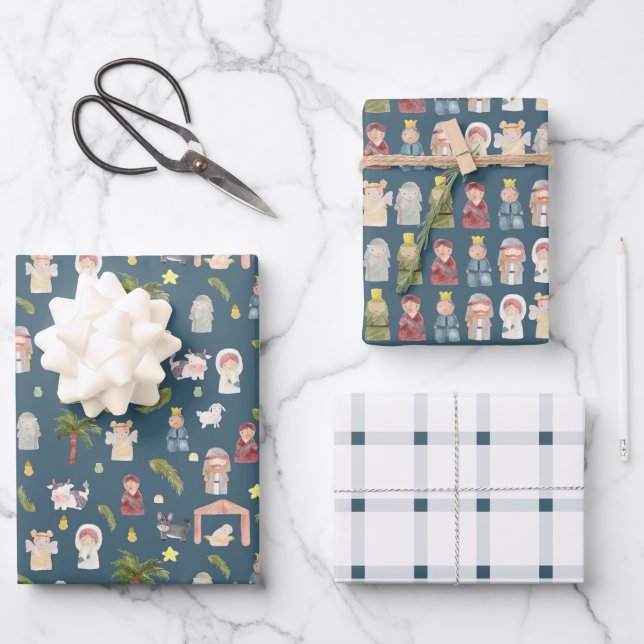 The Nativity Christmas holiday navy Wrapping Paper Sheets (Front)