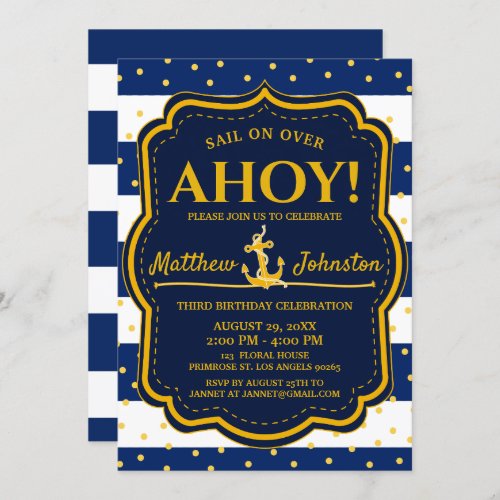 The Nautical Anchor NavyGold Stripe Baby Birthday Invitation