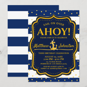 The Nautical Anchor Navy&Gold Stripe Baby Birthday Invitation