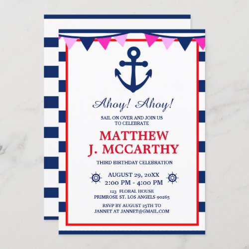 The Nautical Anchor Navy Stripe Baby Ship Birthday Invitation