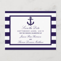 The Nautical Anchor Navy Stripe Wedding Collection Announcement Postcard
