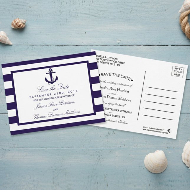 The Nautical Anchor Navy Stripe Wedding Collection Announcement Postcard (Creator Uploaded)