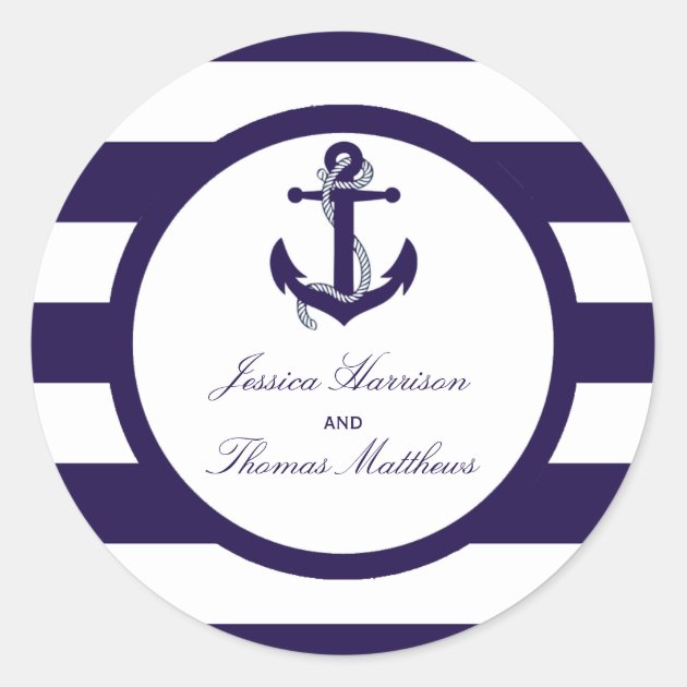 The Nautical Anchor Navy Stripe Wedding Collection Classic Round Sticker