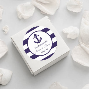 The Nautical Anchor Navy Stripe Wedding Collection Classic Round Sticker