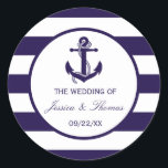 The Nautical Anchor Navy Stripe Wedding Collection Classic Round Sticker<br><div class="desc">The nautical anchor navy stripe wedding collection is perfect for any couple planning a romantic marriage by the sea. 
 
 These invitation seals can be personalized for your special occasion and would make the perfect label for any wedding,  bridal shower,  engagement party,  birthday party and much,  much more.</div>