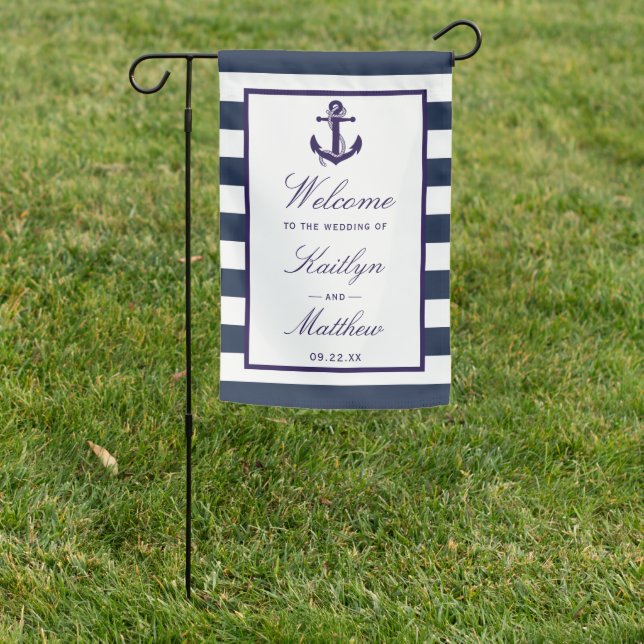 The Nautical Anchor Navy Stripe Wedding Collection Garden Flag (In SItu)
