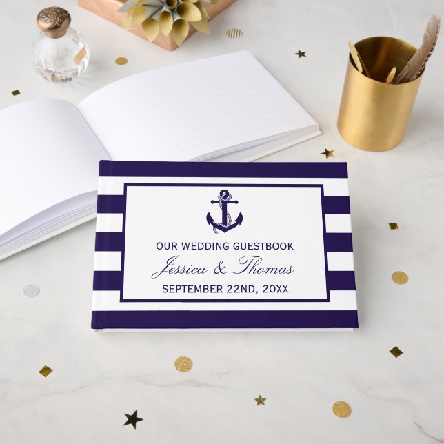 The Nautical Anchor Navy Stripe Wedding Collection Guest Book (Front Open)