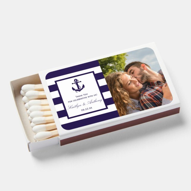 The Nautical Anchor Navy Stripe Wedding Collection Matchboxes (Front Open)