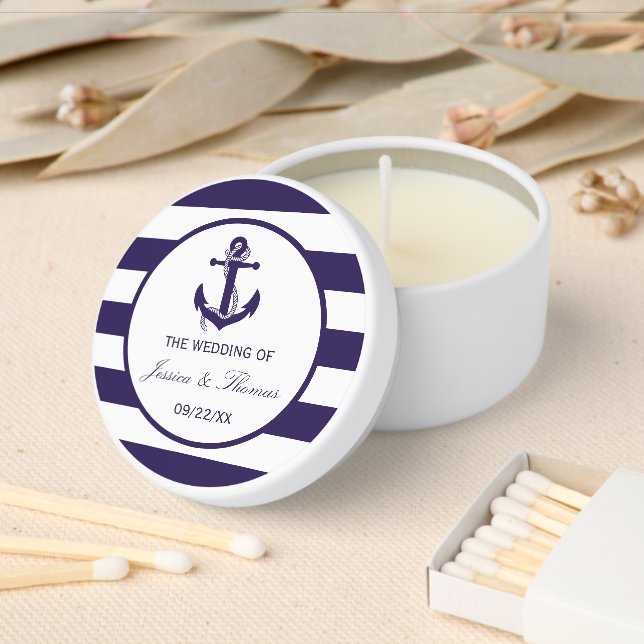 The Nautical Anchor Navy Stripe Wedding Collection Mini Candle Favors (Insitu)