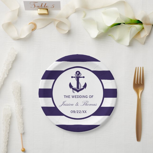 The Nautical Anchor Navy Stripe Wedding Collection Paper Plates (Wedding)