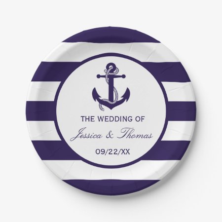 The Nautical Anchor Navy Stripe Wedding Collection Paper Plates
