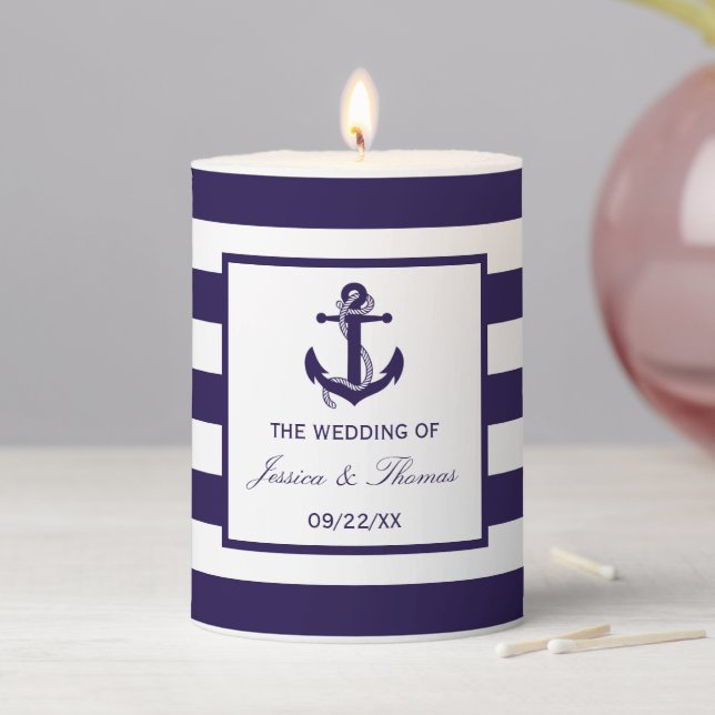 The Nautical Anchor Navy Stripe Wedding Collection Pillar Candle (In Situ)