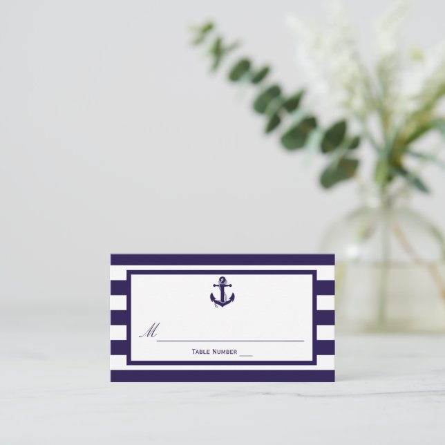 The Nautical Anchor Navy Stripe Wedding Collection Place Card (Standing Front)