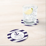 The Nautical Anchor Navy Stripe Wedding Collection Round Paper Coaster<br><div class="desc">Celebrate in style with these elegant and very trendy wedding coasters. The design is easy to personalize with your own wording and your family and friends will be thrilled when they see these fabulous coasters. Matching items can be found in the collection.</div>