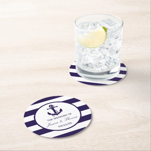 The Nautical Anchor Navy Stripe Wedding Collection Round Paper Coaster