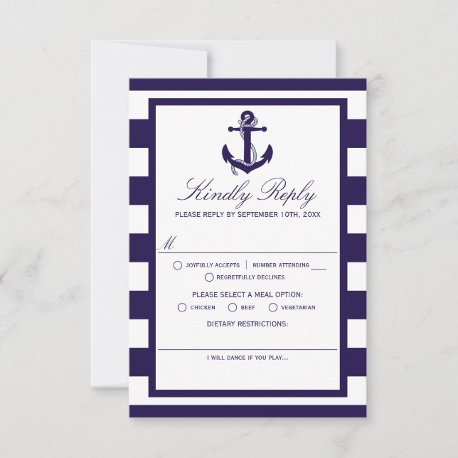 The Nautical Anchor Navy Stripe Wedding Collection RSVP Card (Front)