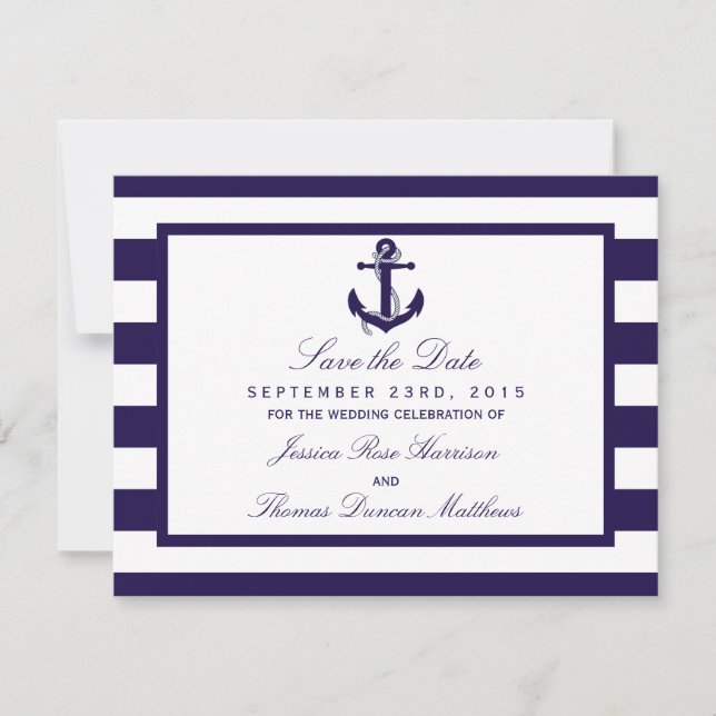 The Nautical Anchor Navy Stripe Wedding Collection Save The Date (Front)
